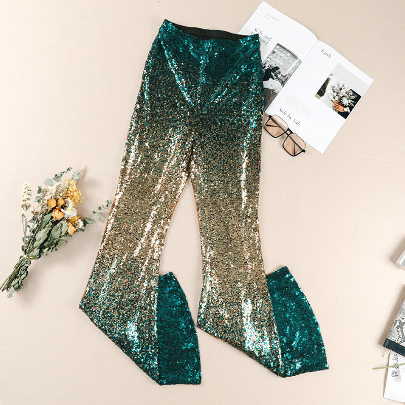 Sequin Pants Women Flared Bell Bottom Glitter Stretch Shimmer