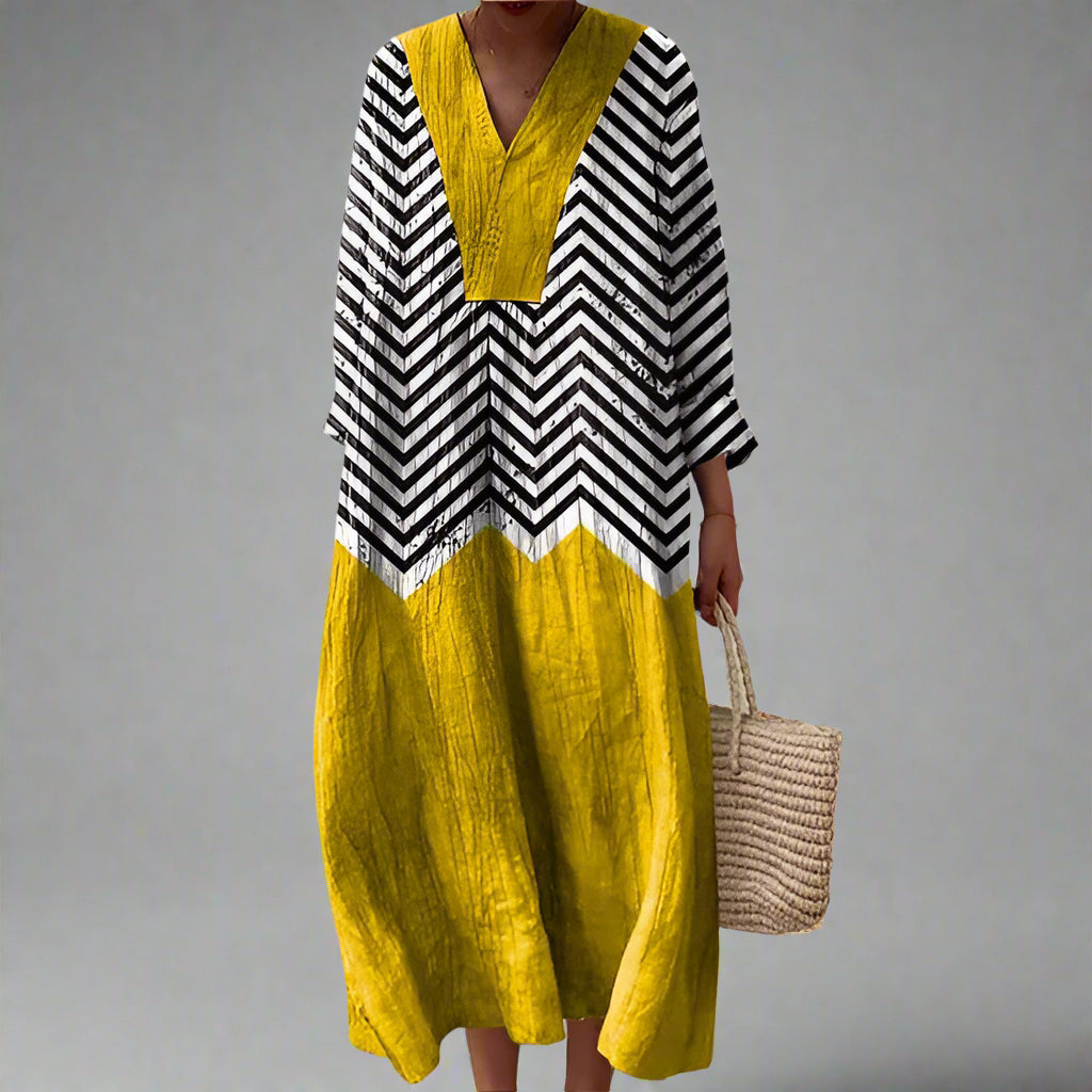 Women woven V-neck dress geometric pattern relaxed fit