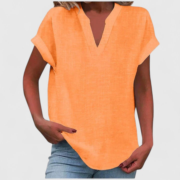 Women's V-neck blouse short sleeve straight cut, available in multiple solid colors