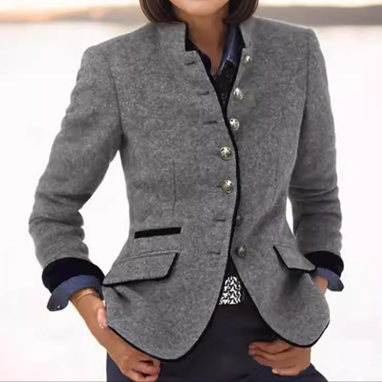 Women wool blend structured blazer tailored fit classic collar