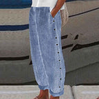 Women linen cotton striped pants with button side accents relaxed fit