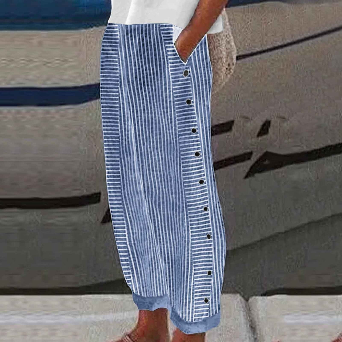 Women linen cotton striped pants with button side accents relaxed fit