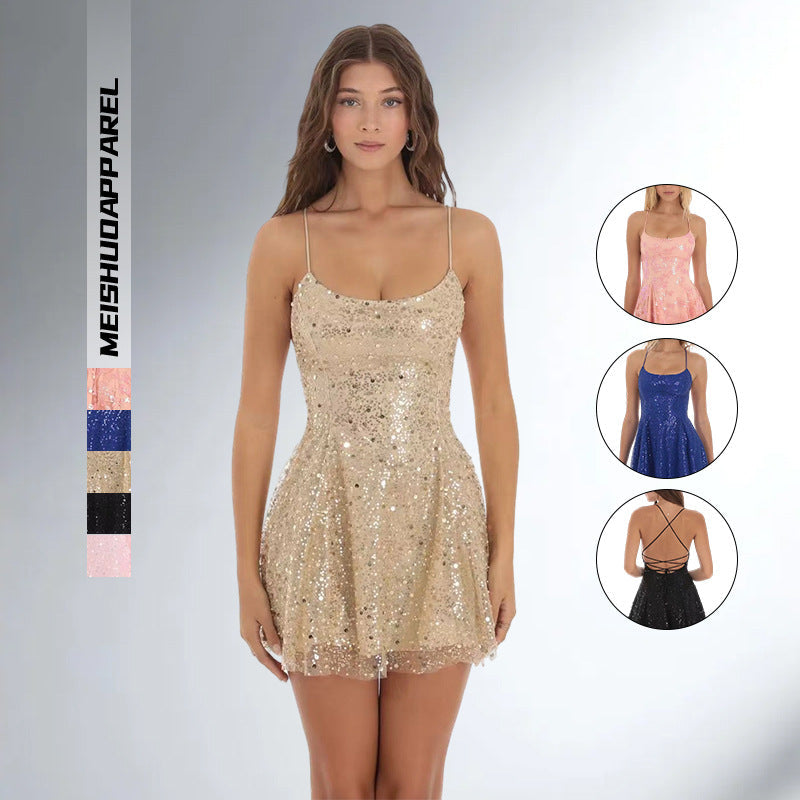 Women Sequin Dress Shimmering Spaghetti Strap Lightweight Breathable