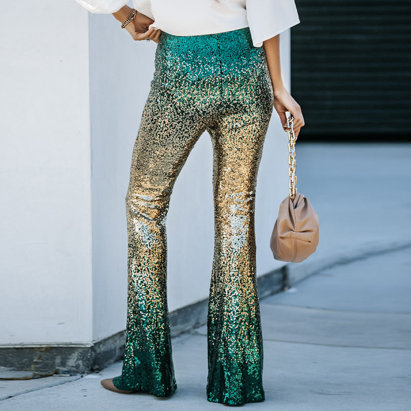 Sequin Pants Women Flared Bell Bottom Glitter Stretch Shimmer