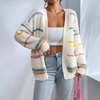 Women oversized knit cardigan open front striped in multiple colors