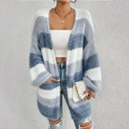 Women oversized cardigan sweater open front blue white stripe long sleeve