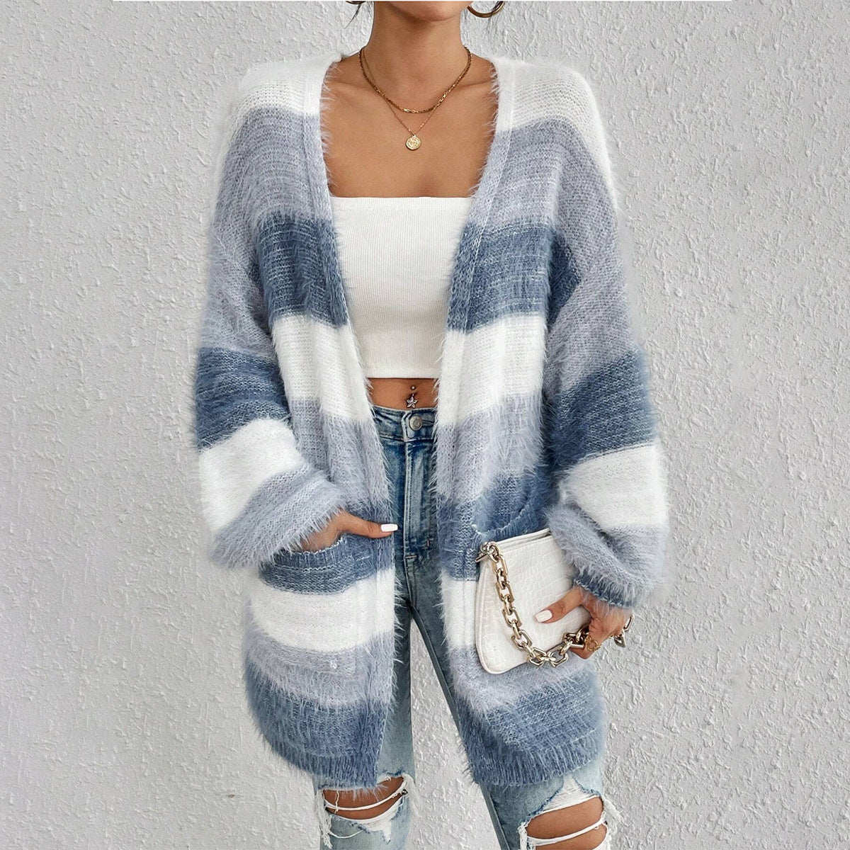 Women oversized cardigan sweater open front blue white stripe long sleeve