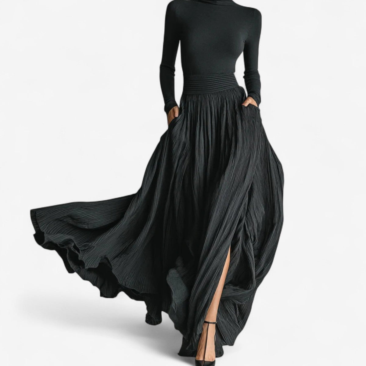 Women high waist maxi skirt with side slit flowing length