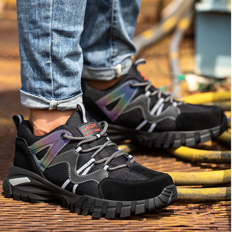 Safety shoes with steel toe cap, non-slip outsole and reflective strips