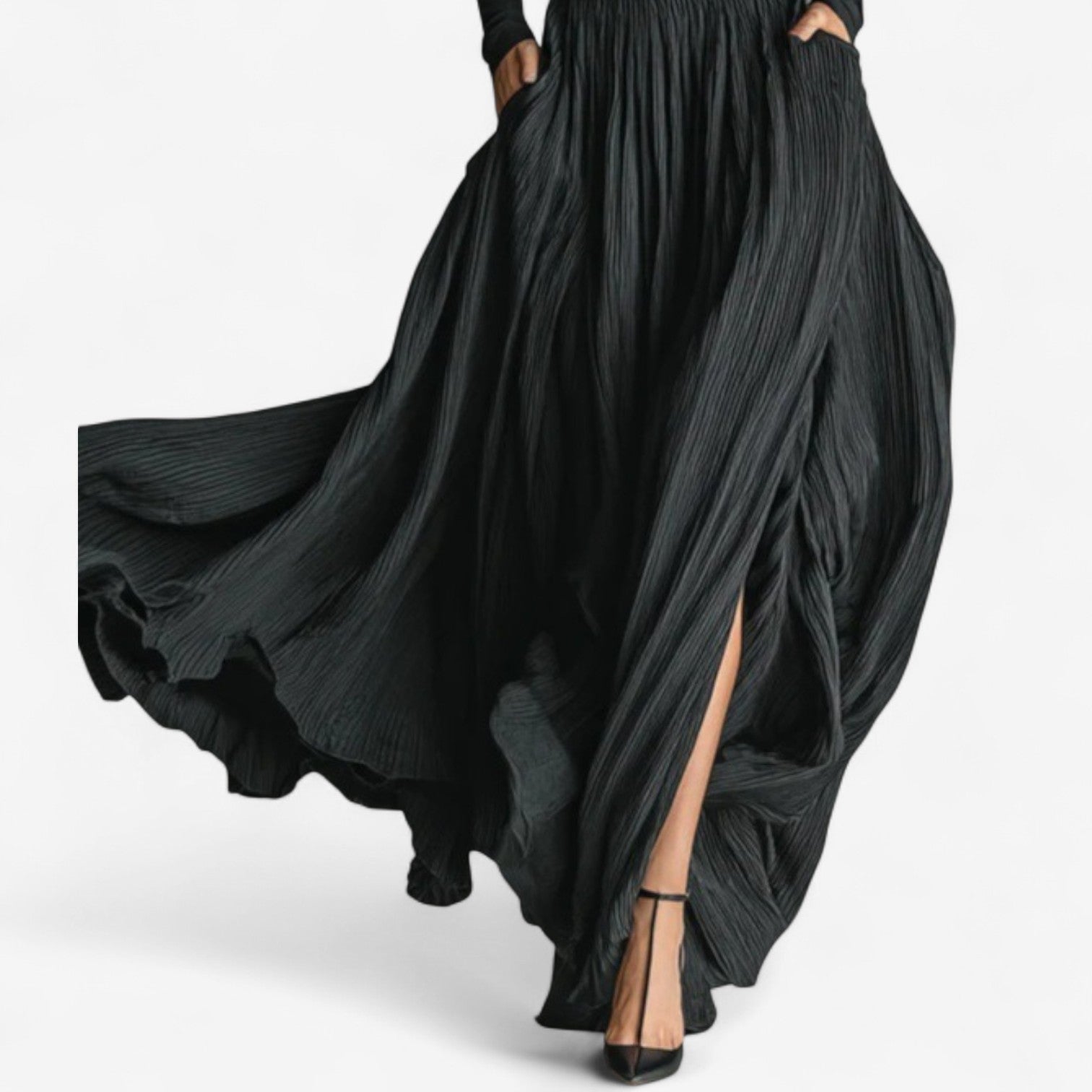 Women high waist maxi skirt with side slit flowing length