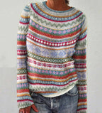 Women's long sleeve sweater relaxed fit in yellow, blue and white