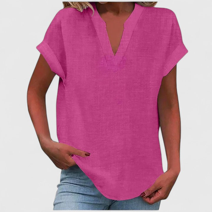 Women's V-neck blouse short sleeve straight cut, available in multiple solid colors