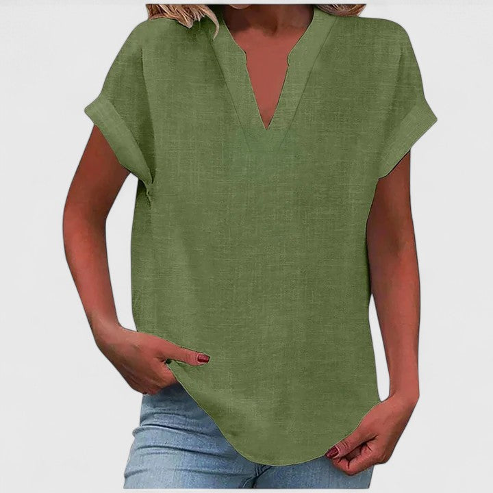 Women's V-neck blouse short sleeve straight cut, available in multiple solid colors
