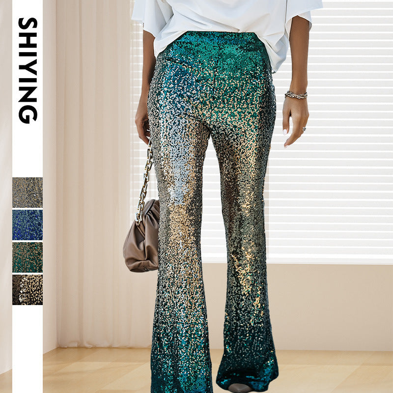 Sequin Pants Women Flared Bell Bottom Glitter Stretch Shimmer