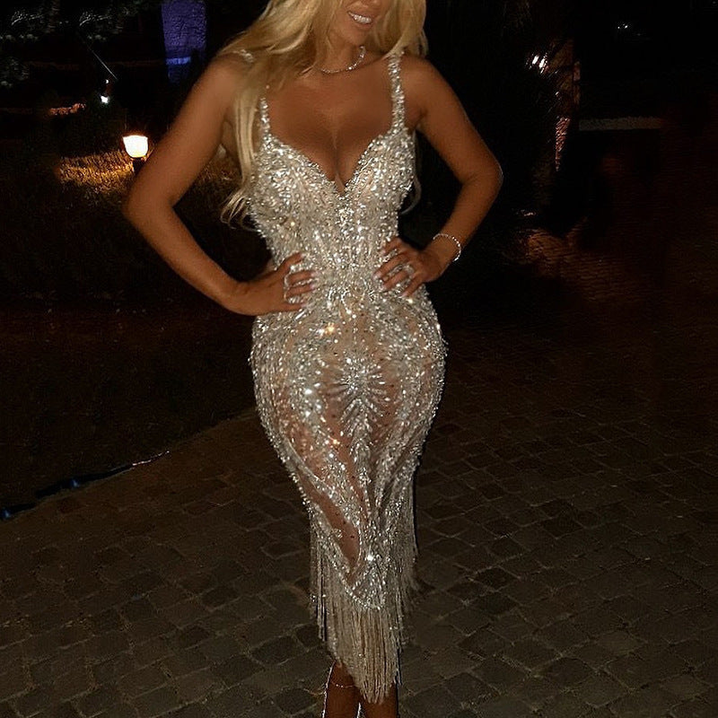 Women Sequin Dress Evening V Neck Fringe Hem Ruched Cocktail