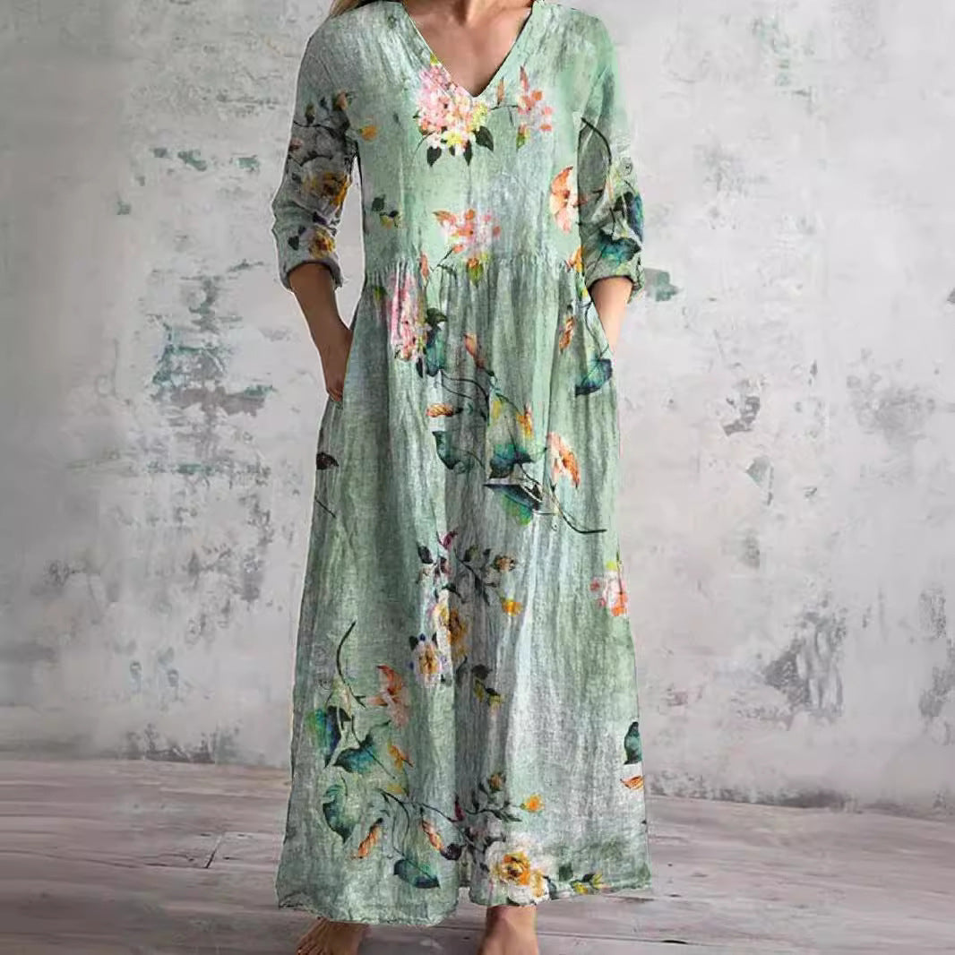 Floral summer dress women V-neck lightweight flowing fit casual day dress