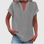 Women's V-neck blouse short sleeve straight cut, available in multiple solid colors