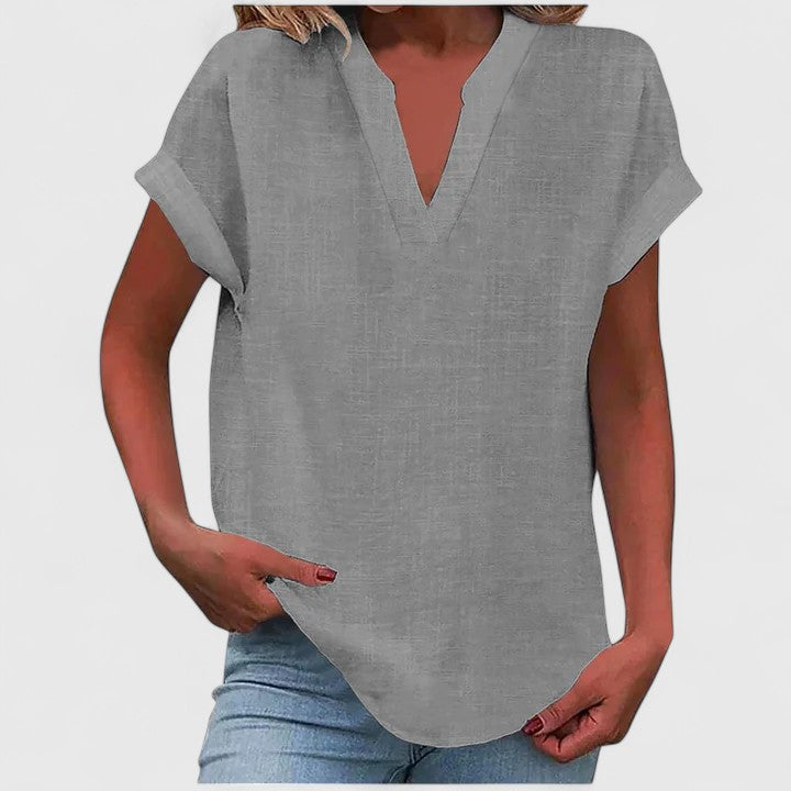 Women's V-neck blouse short sleeve straight cut, available in multiple solid colors