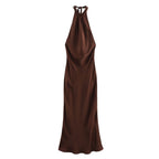 Women velvet midi dress halter neckline in brown