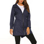 Women hooded rain jacket mid length with zip front and drawstring waist