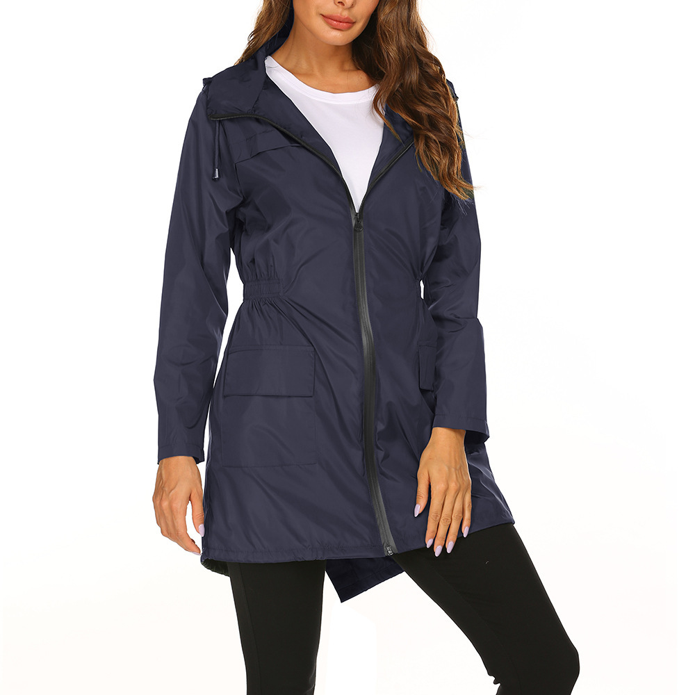 Women hooded rain jacket mid length with zip front and drawstring waist