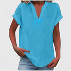 Women's V-neck blouse short sleeve straight cut, available in multiple solid colors