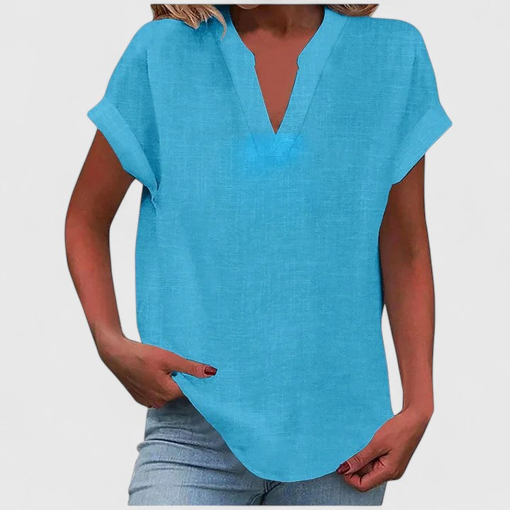 Women's V-neck blouse short sleeve straight cut, available in multiple solid colors