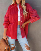 Women oversized denim jacket with fringe detail and button-front closure