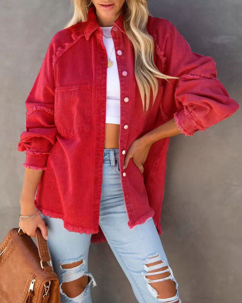 Women oversized denim jacket with fringe detail and button-front closure