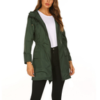 Women hooded rain jacket mid length with zip front and drawstring waist