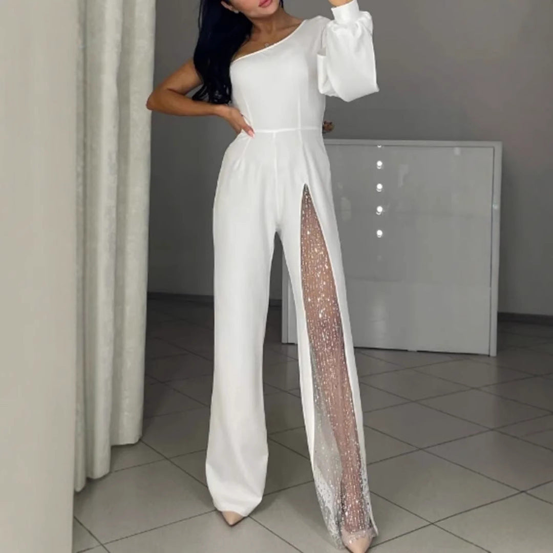 Women one shoulder sequin panel wide leg jumpsuit asymmetric design