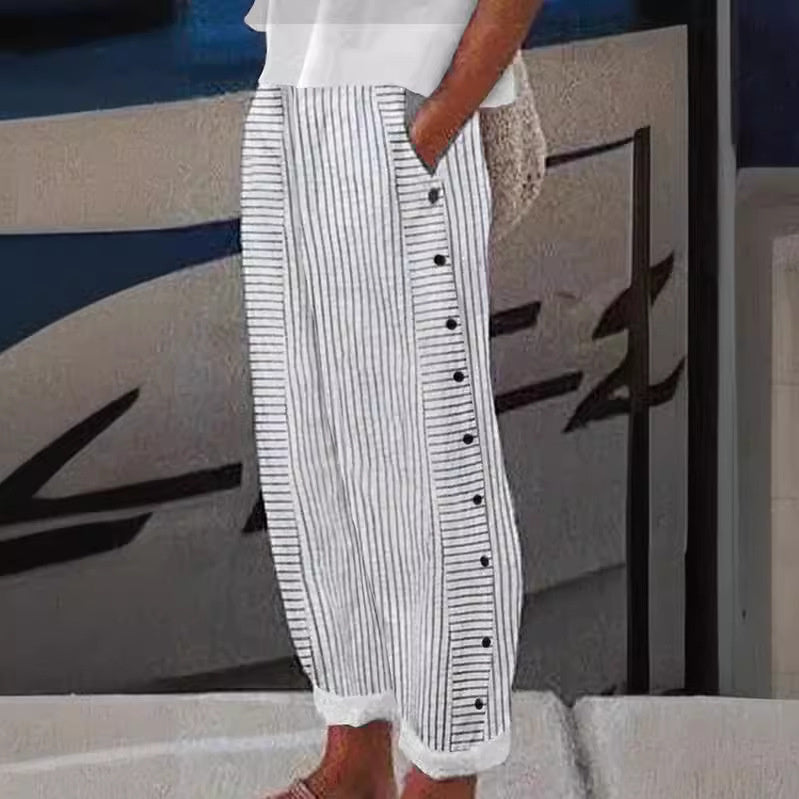 Women linen cotton striped pants with button side accents relaxed fit