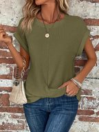 Women waffle knit tee relaxed fit short sleeve casual top