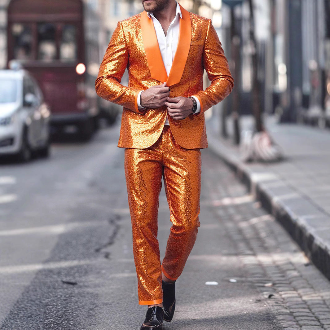 Sequin Suit Men Slim Fit Sparkly Orange Blazer Trousers Set Shiny