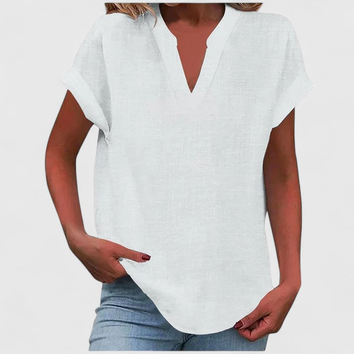 Women's V-neck blouse short sleeve straight cut, available in multiple solid colors