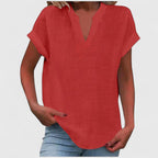 Women's V-neck blouse short sleeve straight cut, available in multiple solid colors