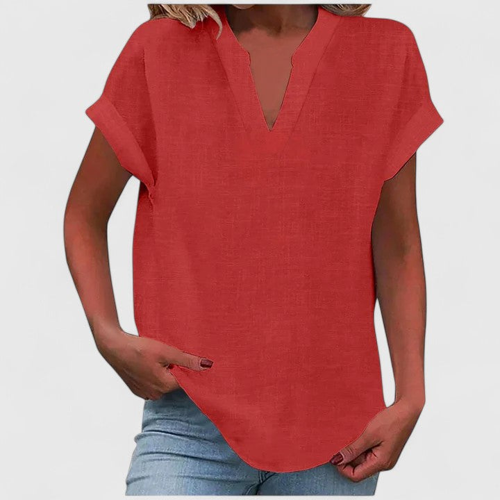 Women's V-neck blouse short sleeve straight cut, available in multiple solid colors