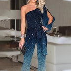 One shoulder disco jumpsuit wide leg ombre blue retro 70s women