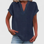Women's V-neck blouse short sleeve straight cut, available in multiple solid colors