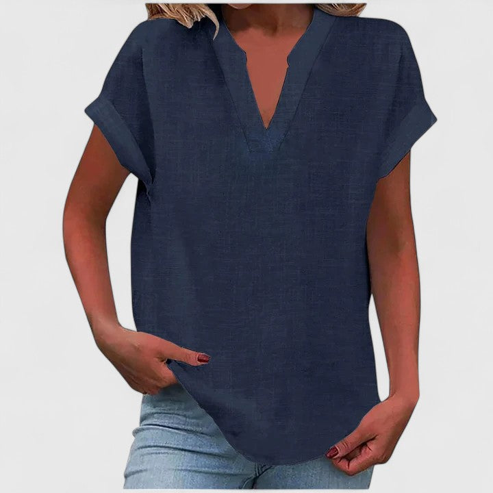 Women's V-neck blouse short sleeve straight cut, available in multiple solid colors