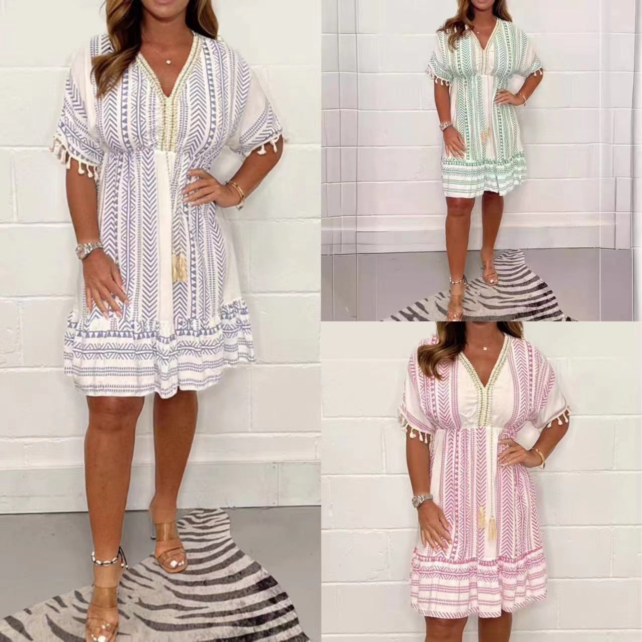 Women's boho midi dress with ethnic print, lace V-neckline and pompon sleeve details