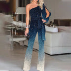 One shoulder disco jumpsuit wide leg ombre blue retro 70s women