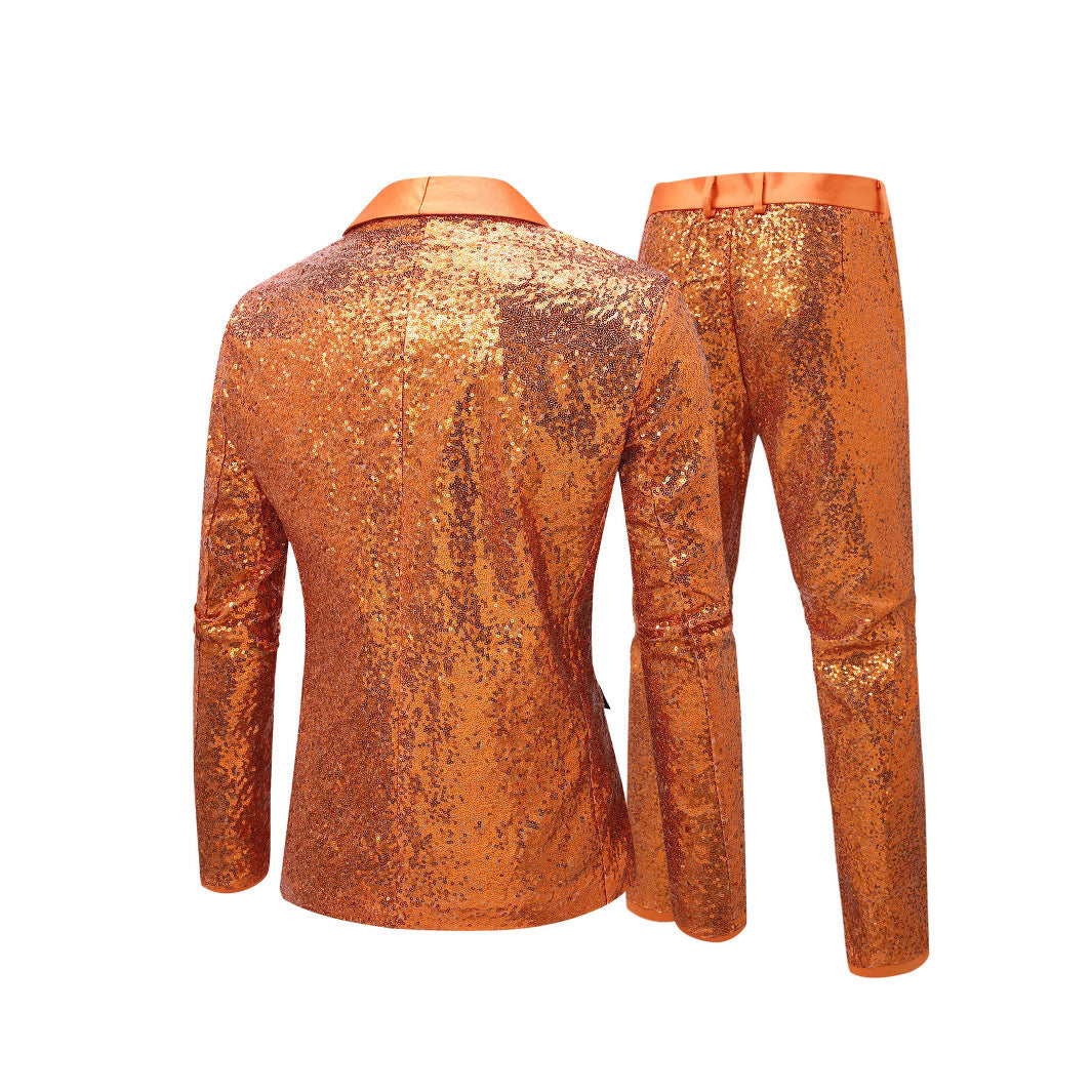 Sequin Suit Men Slim Fit Sparkly Orange Blazer Trousers Set Shiny
