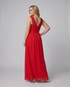 Women's long evening dress with deep V-neckline, sleeveless, side slit, lace shoulder detail