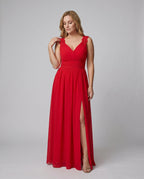 Women's long evening dress with deep V-neckline, sleeveless, side slit, lace shoulder detail