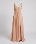 Women's long evening dress with deep V-neckline, sleeveless, side slit, lace shoulder detail