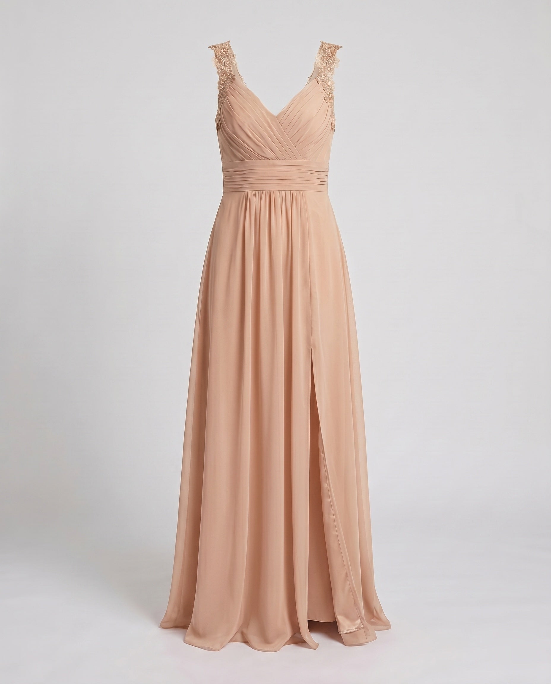 Women's long evening dress with deep V-neckline, sleeveless, side slit, lace shoulder detail