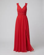 Women's long evening dress with deep V-neckline, sleeveless, side slit, lace shoulder detail