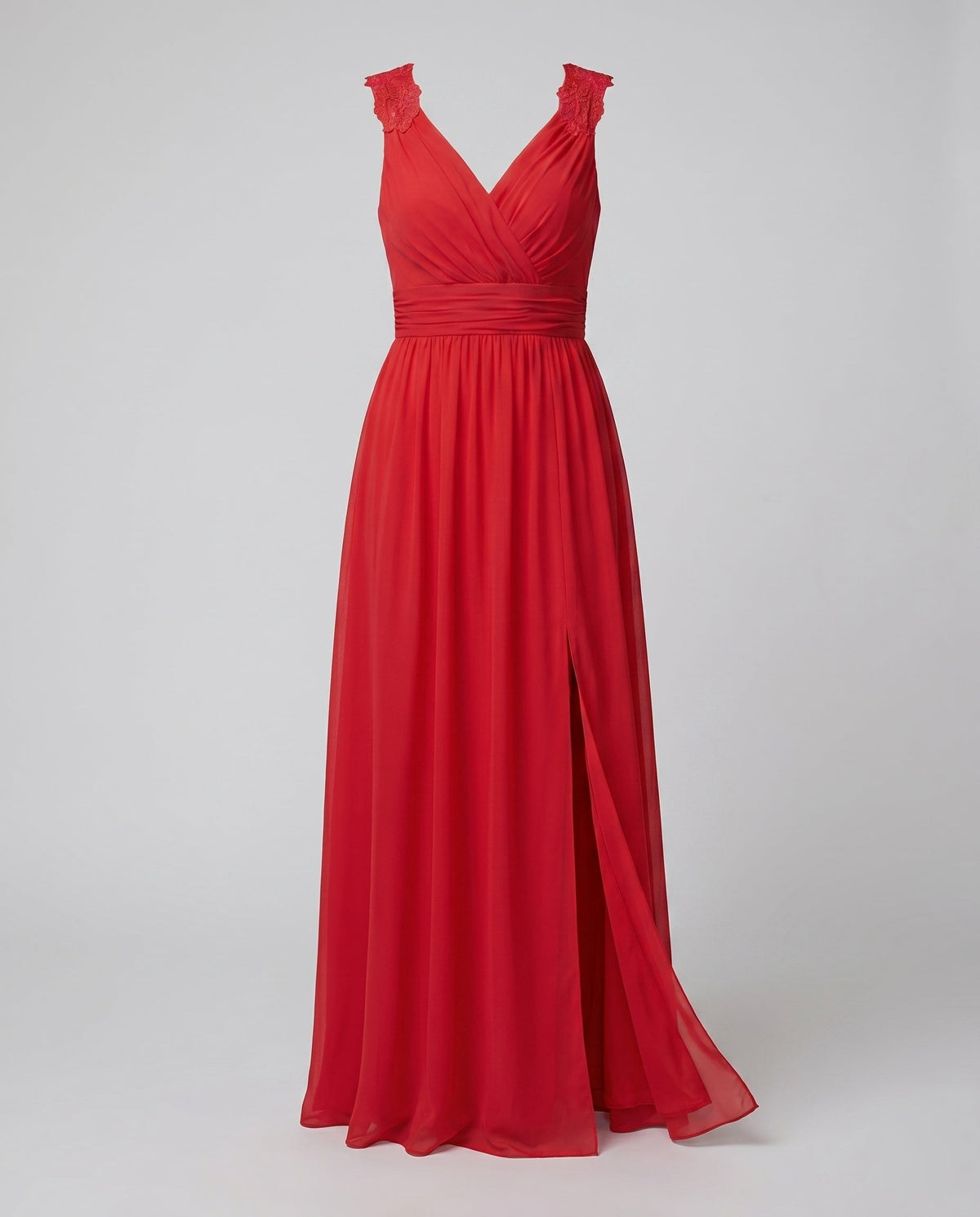 Women's long evening dress with deep V-neckline, sleeveless, side slit, lace shoulder detail