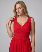 Women's long evening dress with deep V-neckline, sleeveless, side slit, lace shoulder detail